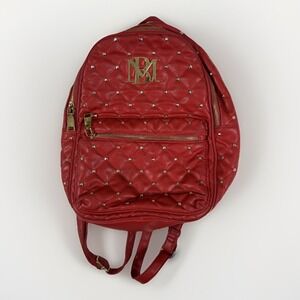 Badgley Mischka‎ Women's Backpack Red Leather Quilted BM Logo Silver Studded Bag